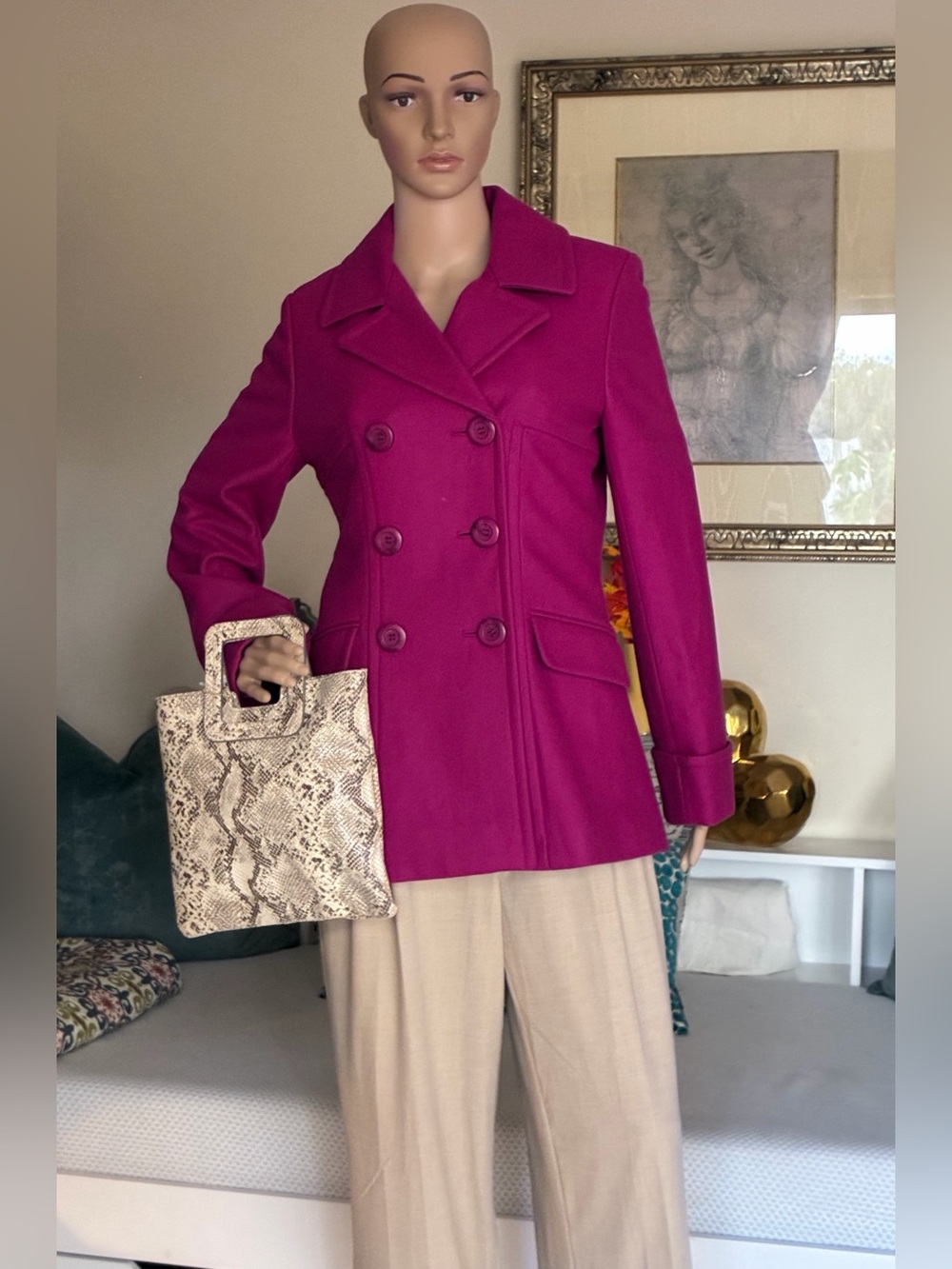 Moda International Magenta  Double-Breasted Pea Coat - Picture 3 of 9
